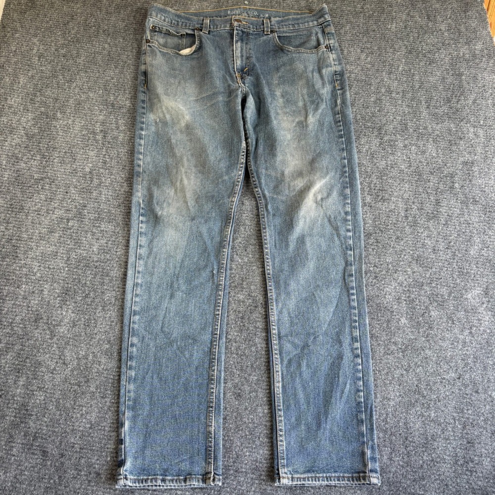 Roebuck & Co Mens Slim Straight Leg Blue Jeans Medium Wash 36x32 Stretch 3418